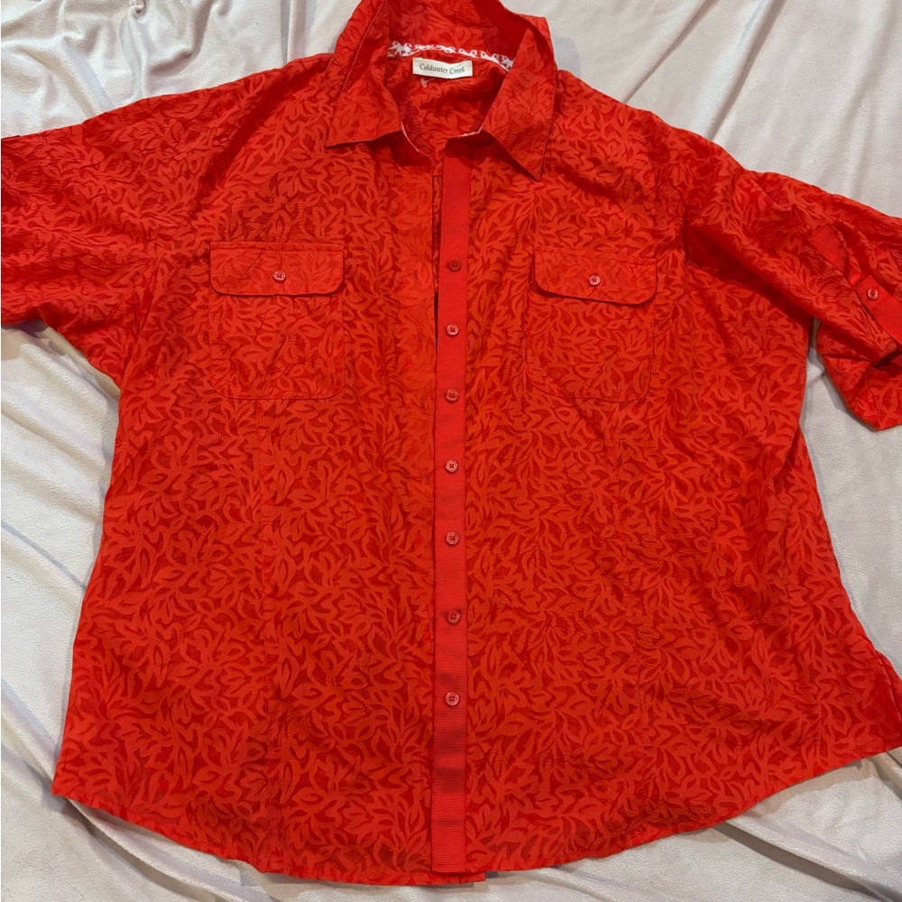 Coldwater Creek Red Patterned Casual Button-Down Shirt